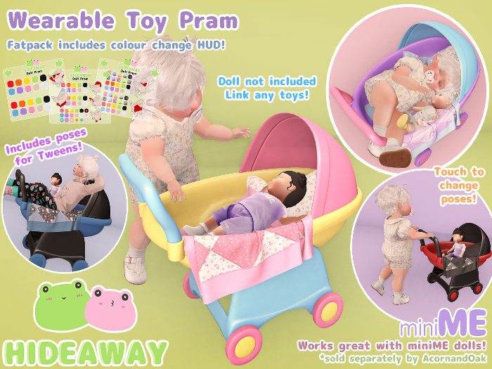 Second Life Marketplace - [Hideaway] Blue/Green Toy Doll Pram